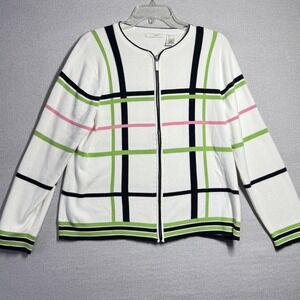 Liz Golf Sweater Womens Large White Striped Full Zip Cardigan Knit Casual